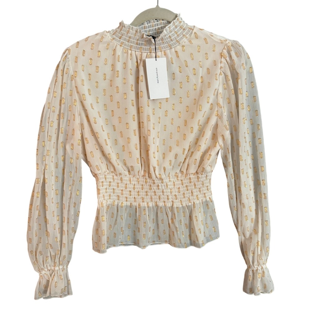 NWT OPT cream gold metallic smocked mock neck long sleeve peplum blouse M